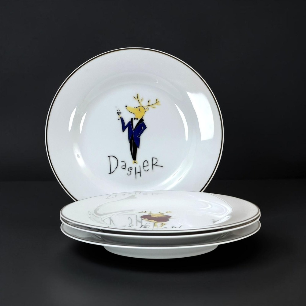 Pottery Barn Reindeer Salad Plates Set 4 8.5" Porcelain Japan Christmas